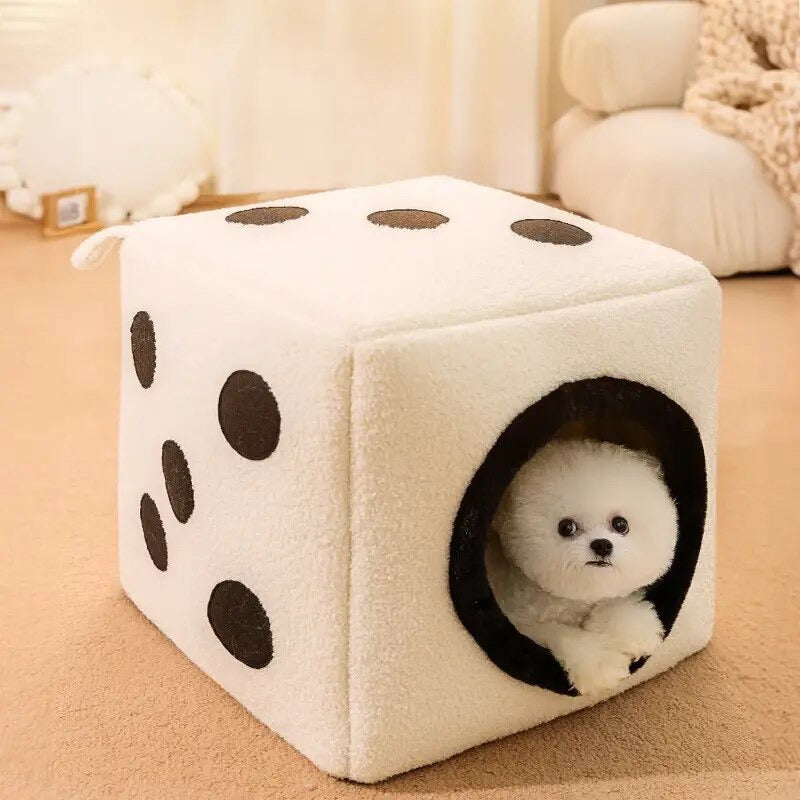 A small breed dog snuggles inside a dice dog bed for sale on CuddleFinds.com, Canada and USA delivery.