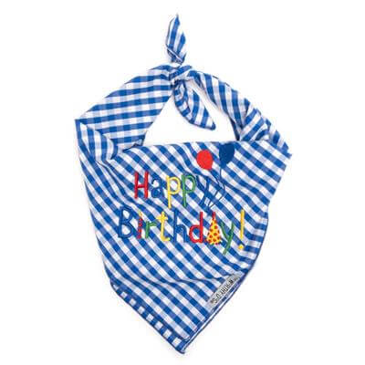 blue and white checkered happy birthday bandana for male dogs