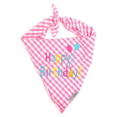 pink and white checkered happy birthday bandana for female dogs