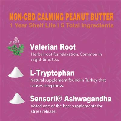 Valerian root calming peanut butter for dogs package details