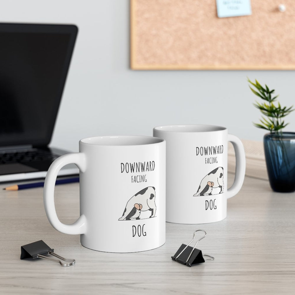 Downward facing dog coffee mugs for coffee breaks at the office.