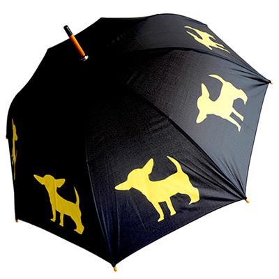 black umbrella with yellow chihuahua print
