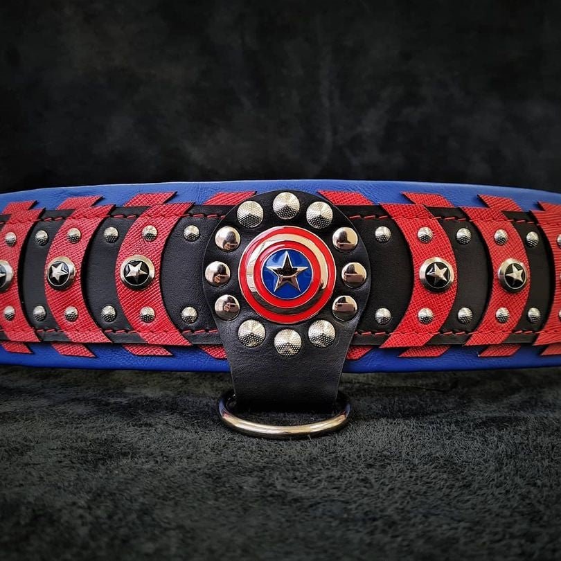 Beautifully designed and 100% leather The Captain America dog collar on cuddlefinds.com.