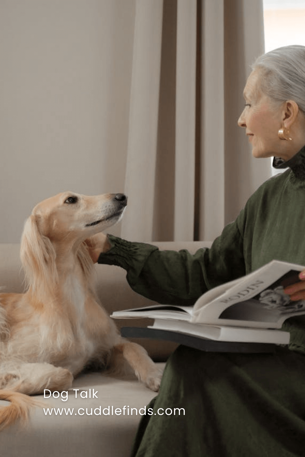 An elderly lady sitting on the sofa with her dog.