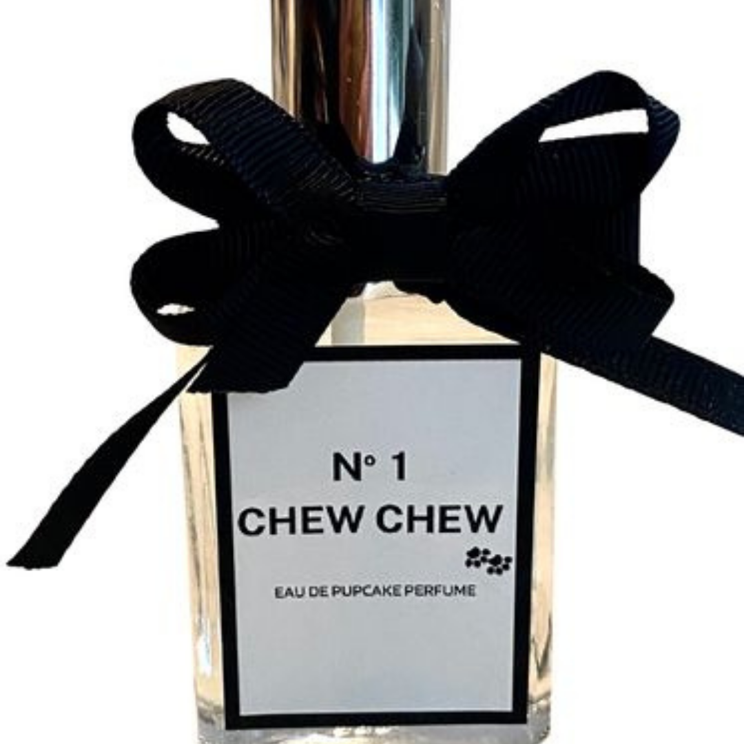 A close of the dog perfume bottle No. 1 Chew Chew.