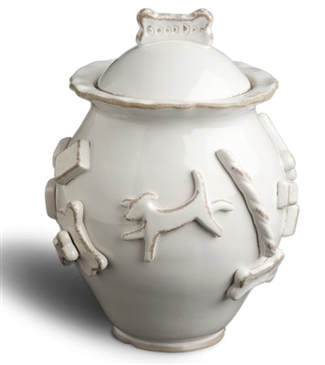 Hand-decorated ceramic stoneware Dog Treat Jar with raised appliques in French White