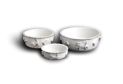 French White Ceramic Dog Bowl with Hand-Applied Appliques