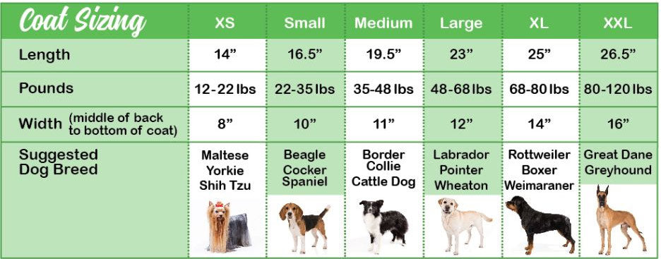 Size Chart for winter dog jackets to keep warm.