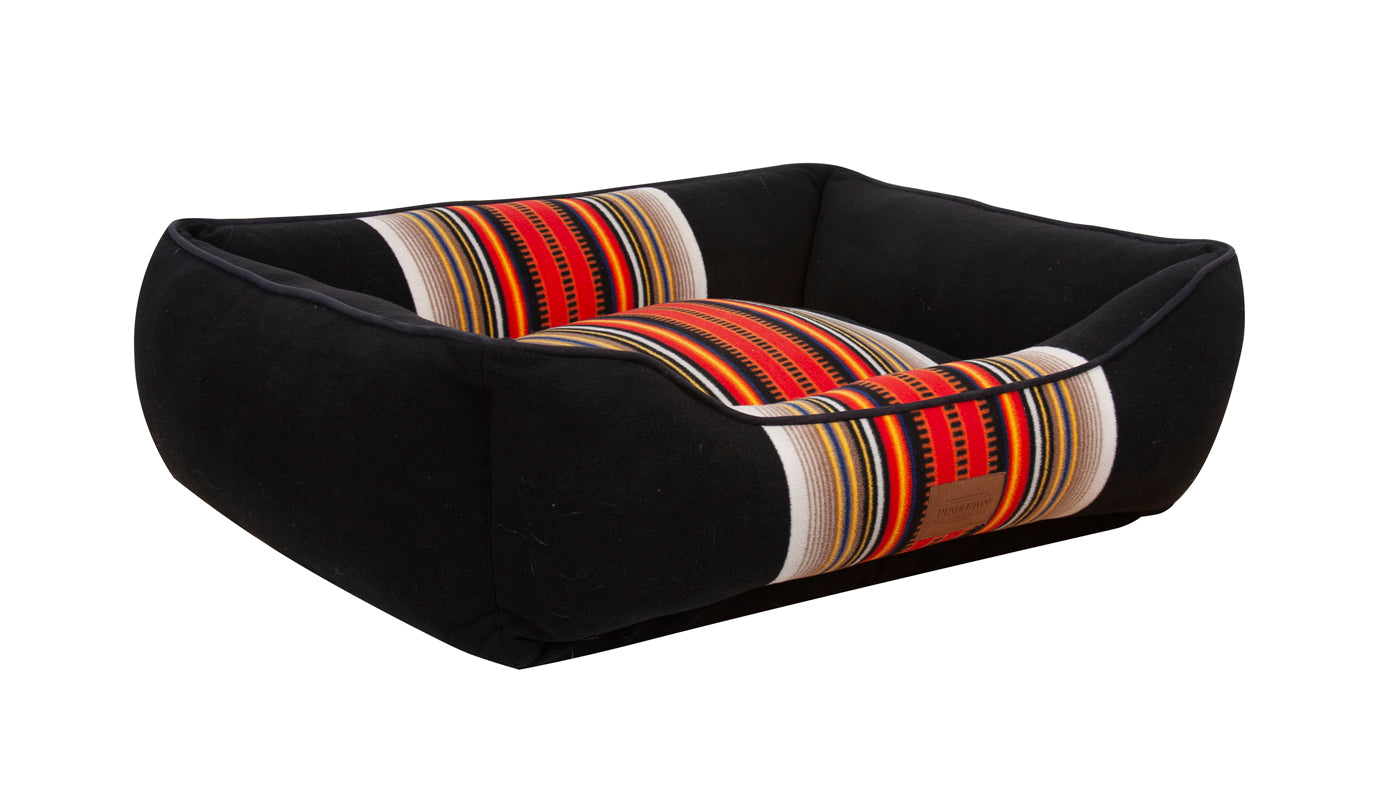 Acadia-Inspired Kuddler Pet Bed - Stylish pet bed with bold colored stripes on black, designed for maximum comfort and support.