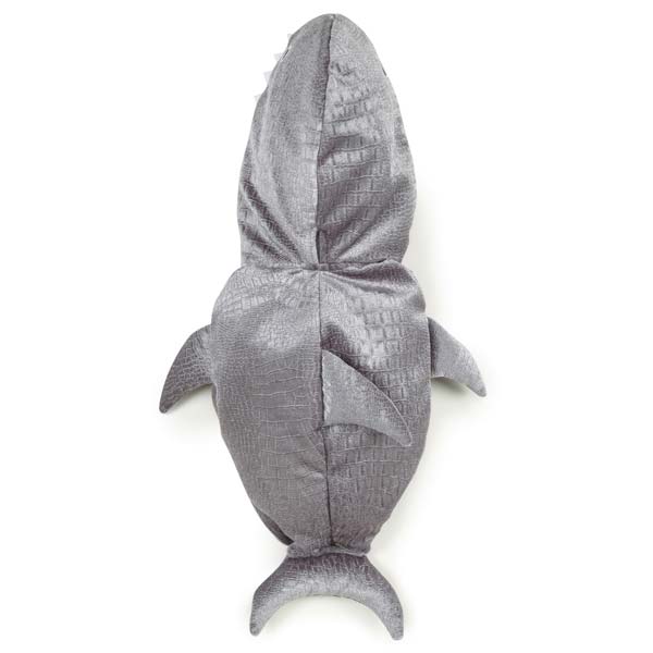 Pet wearing shimmer-textured plush shark costume - Fun Halloween outfit