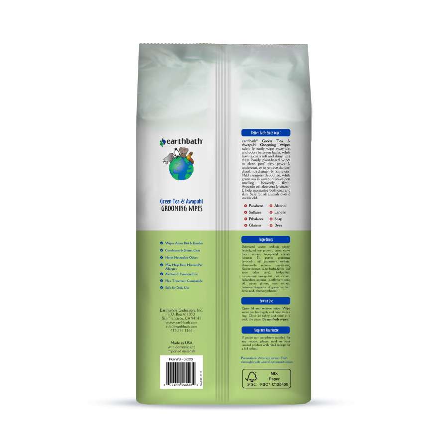 Pet grooming wipes with Green Tea & Awapuhi, Earthbath