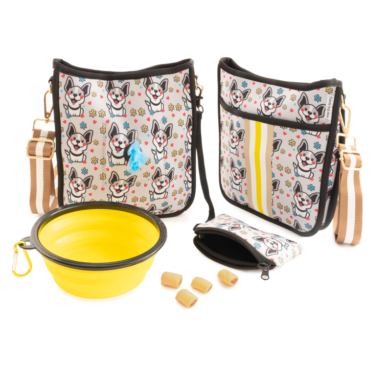 Corgi-licious Dog Walking Messenger Bag Set - A stylish and practical set tailored for Corgi owners, featuring a waste bag dispenser, collapsible bowl, treat pouch, and beverage holder.