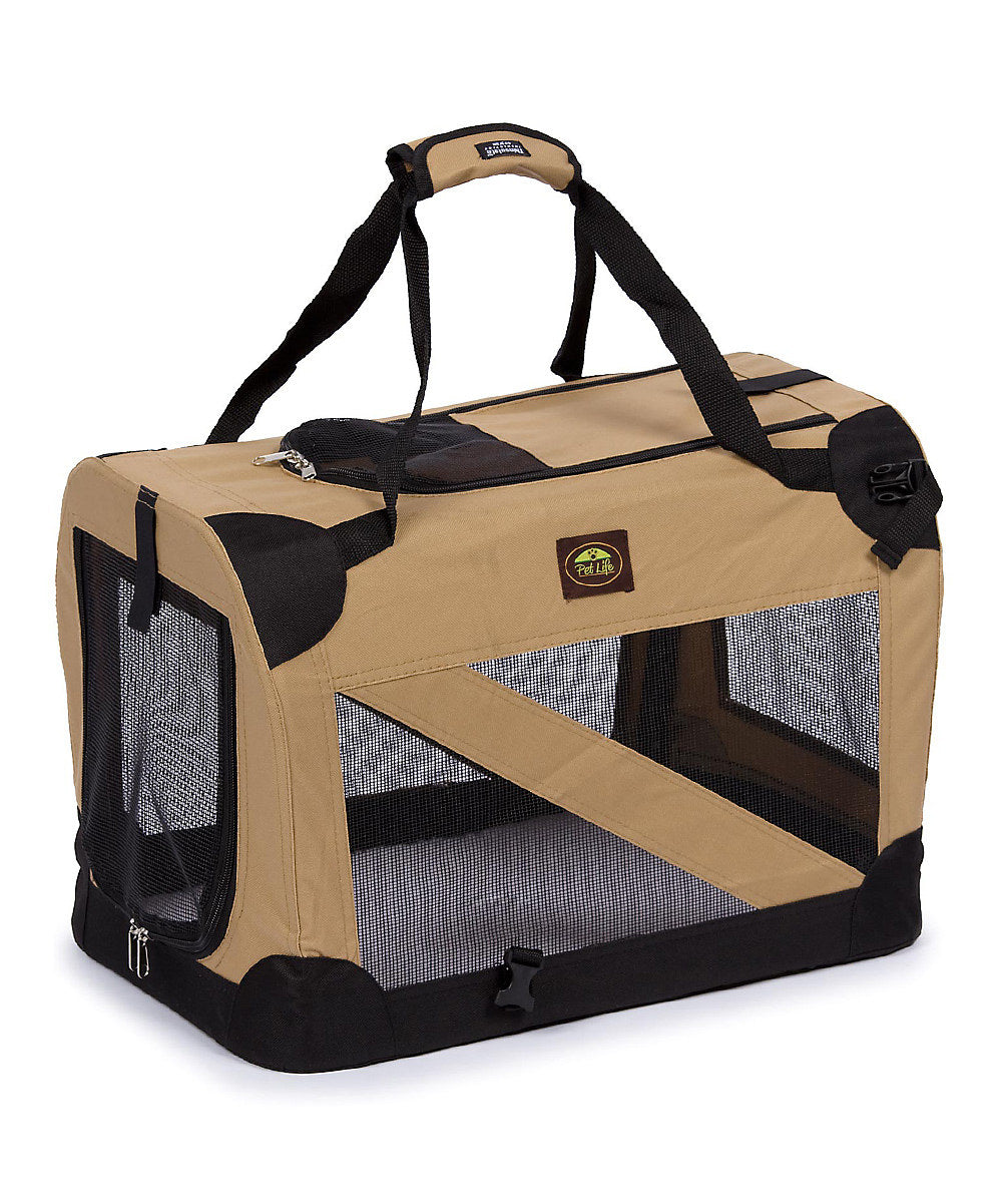 Foldable dog crate with soft interior.