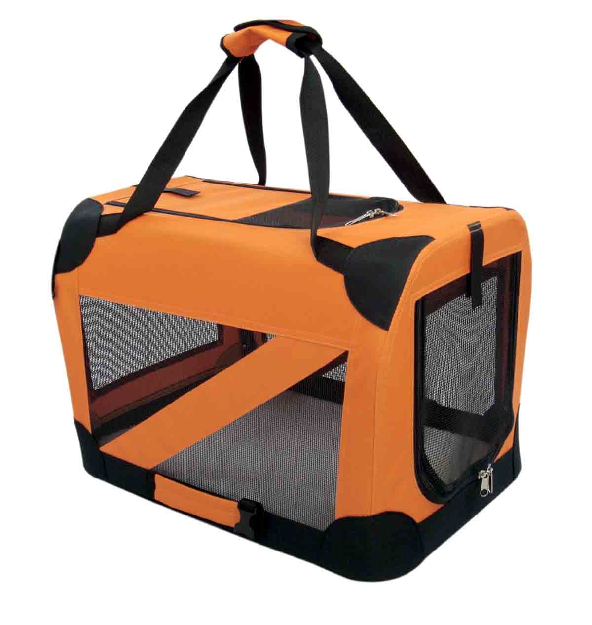 Folding dog crate for travel.