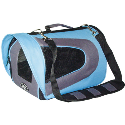 Dog airline approved dog carrier with a padded strap.