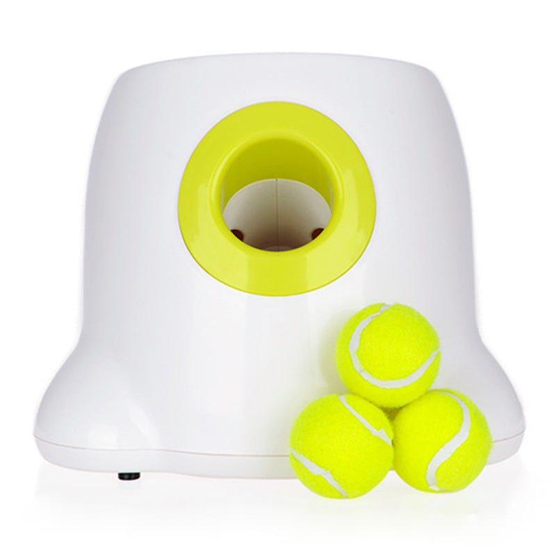 Yellow dog ball launcher with adjustable distance settings