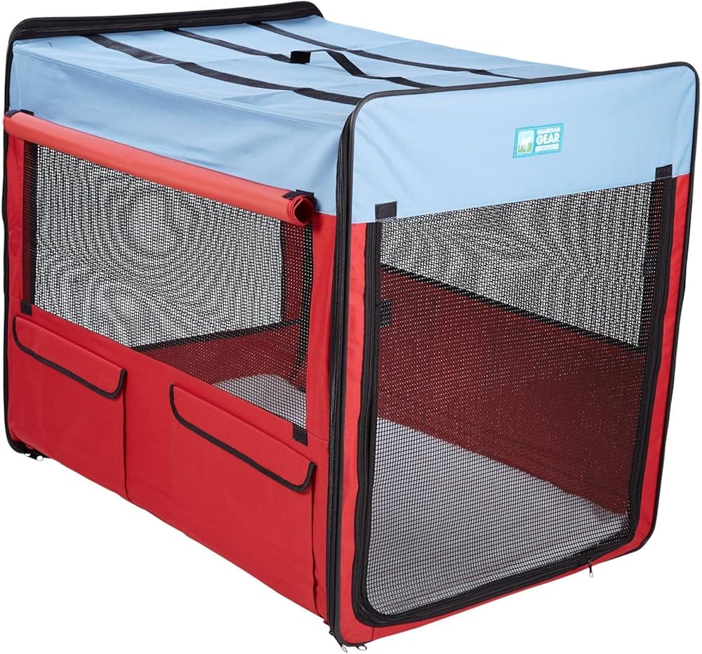 Red and Blue foldable crate for dog travel, sold in Ontario, Canada.