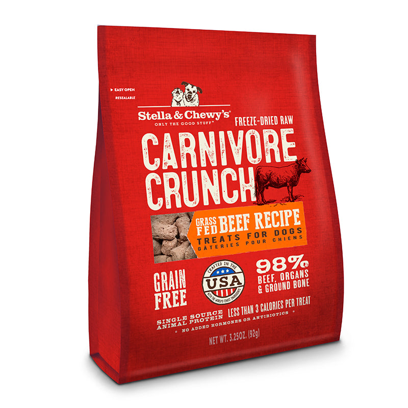 Stella and Chewy's Carnivore Crunch Beef Treats in a 3.25 oz package, featuring freeze-dried beef and nutrient-rich ingredients, free from artificial additives.