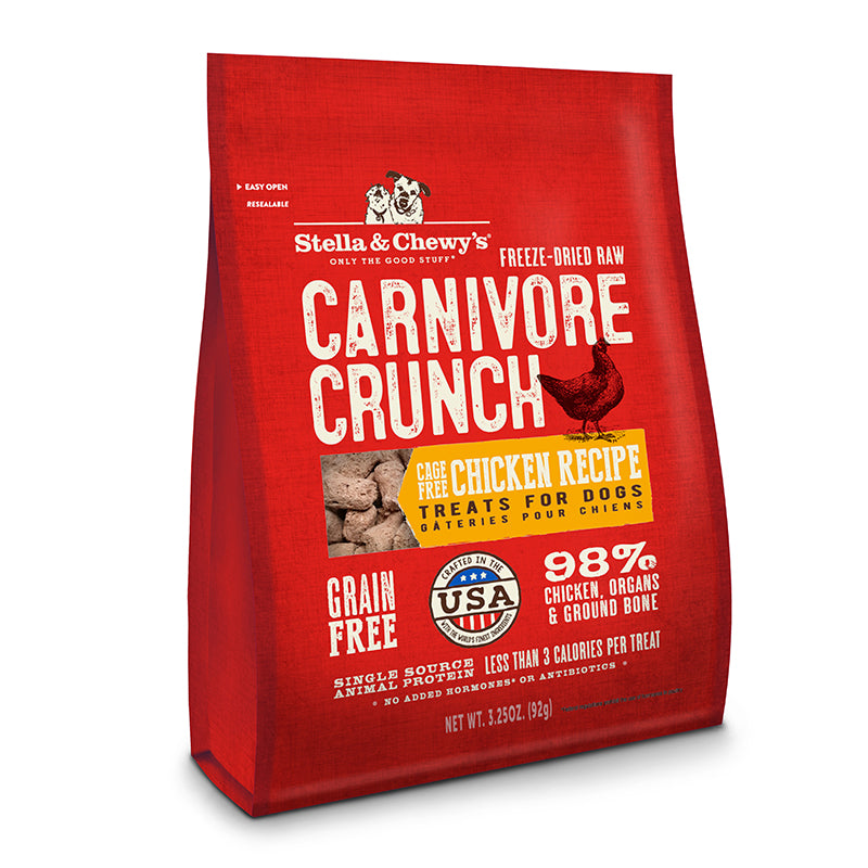 Stella and Chewy's Carnivore Crunch Chicken Treats in a 3.25 oz package, showcasing freeze-dried chicken and wholesome ingredients, free from artificial additives.