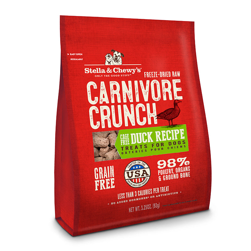 Stella and Chewy's Carnivore Crunch Duck Treats in a 3.25 oz package, featuring freeze-dried duck and natural ingredients, emphasizing no artificial additives.