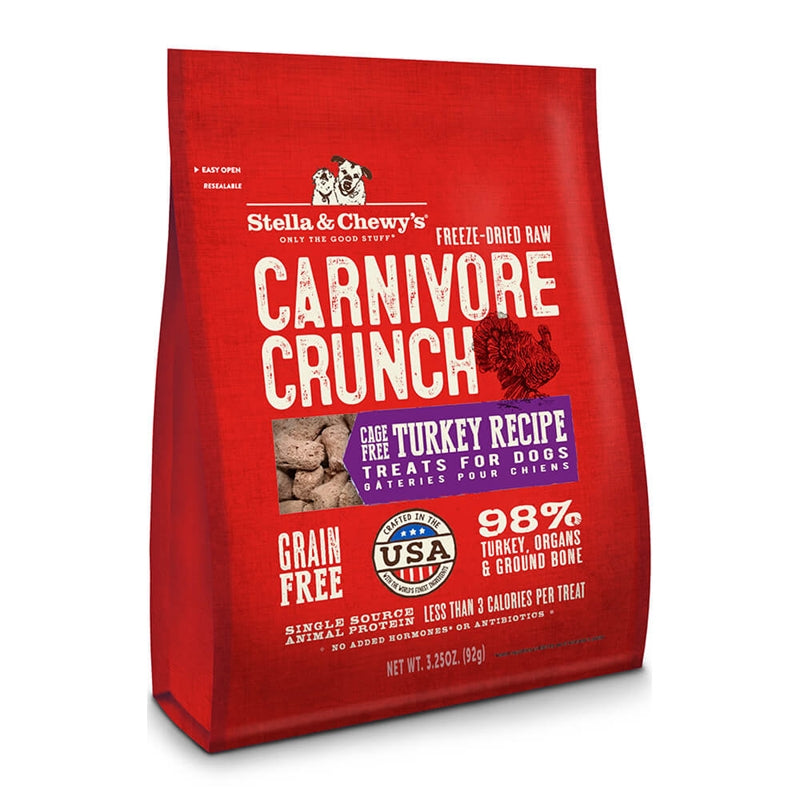 Chewy's Carnivore Crunch Turkey Treats in a 3.25 oz package, featuring freeze-dried turkey, highlighting the all-natural ingredients and no added preservatives.