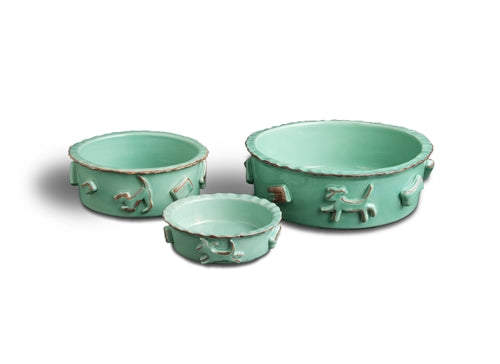 Durable stoneware dog bowl in aqua green color and various sizes