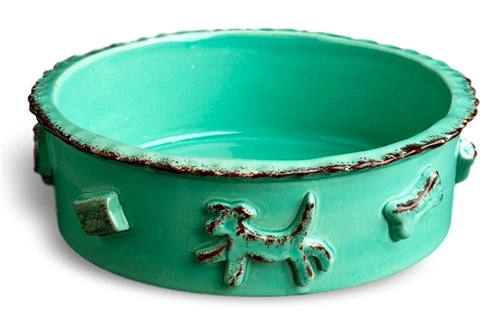 Aqua green ceramic stoneware dog food and water bowl with raised appliques