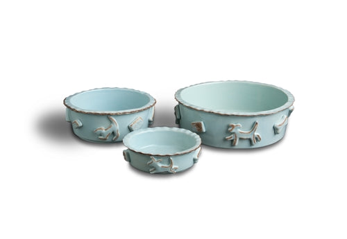 Baby Blue Ceramic Dog Bowl with Hand-Applied Appliques