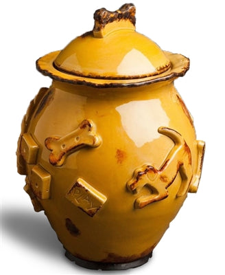 Hand-decorated ceramic stoneware Dog Treat Jar with raised appliques in Refreshing Caramel