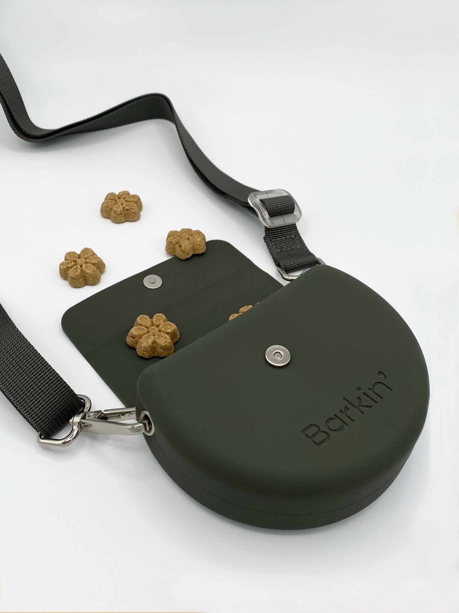 Elevate dog training with our Barkin' Treat Pouch in stylish olive.