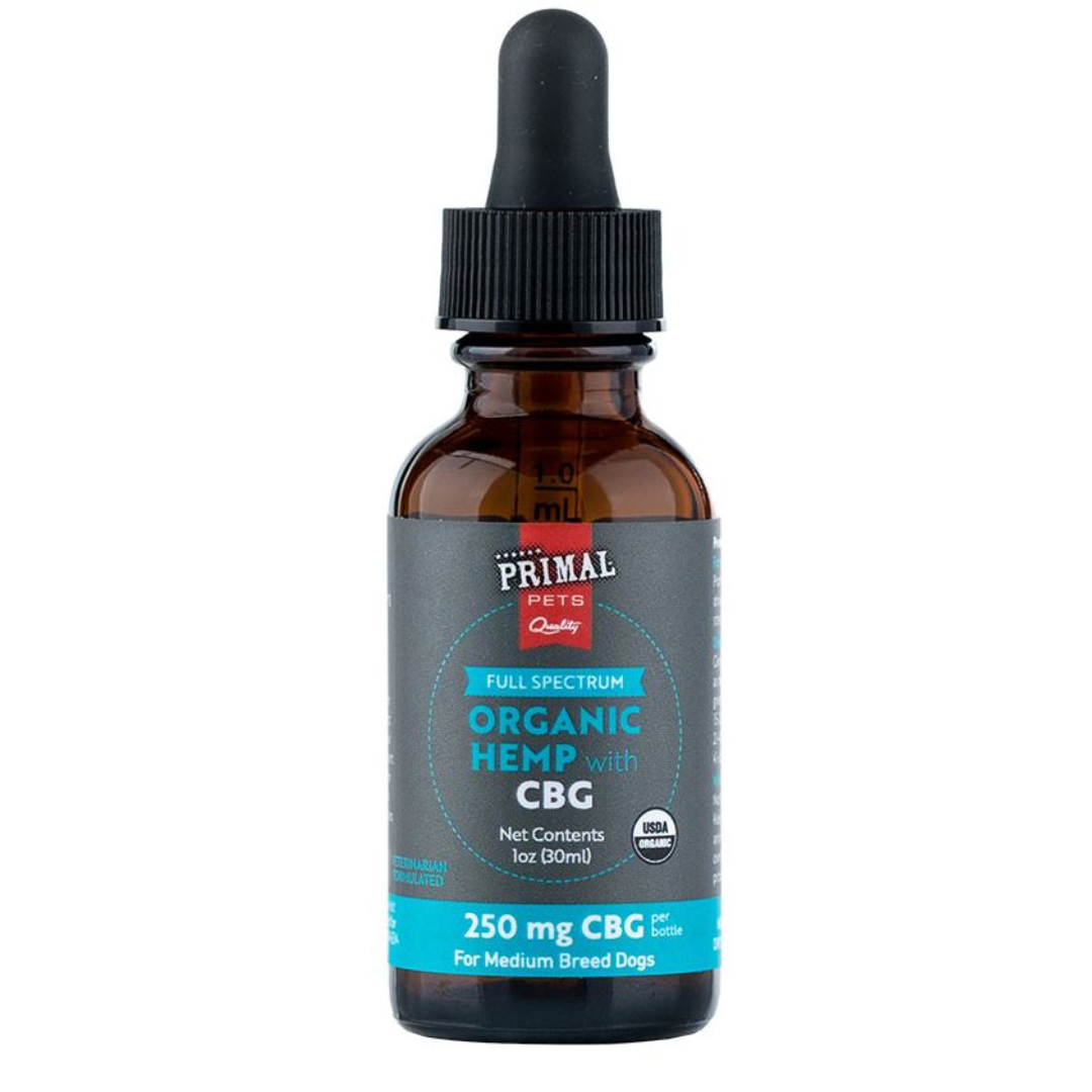 Primal 250 mg Organic Full Spectrum Hemp Oil with CBG for Medium Dogs - Promotes relaxation, manages stress, supports urinary health - USDA Organic