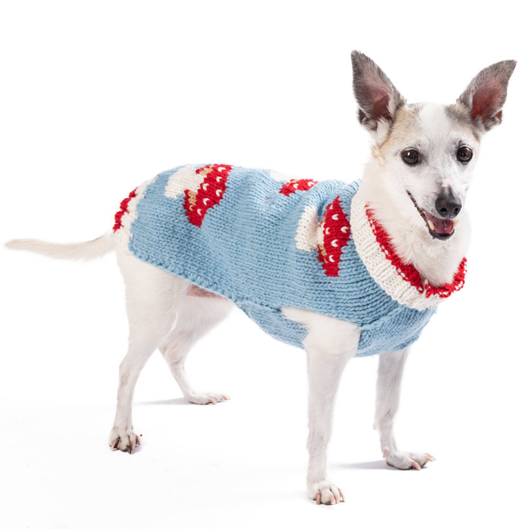 Hand-knit Fair Trade dog sweater in trendy mushroom-inspired design