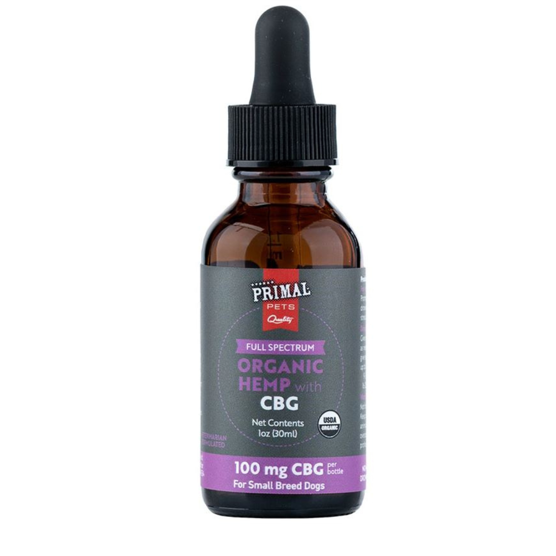 Primal 100 mg Organic Full Spectrum Hemp Oil with CBG for Small Dogs - Promotes relaxation, manages stress, supports urinary health - USDA Organic