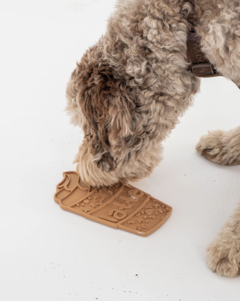 Food-grade silicone Pup-accino Lick Mat by Dexypaws, perfect for promoting healthy eating habits in dogs and cats.