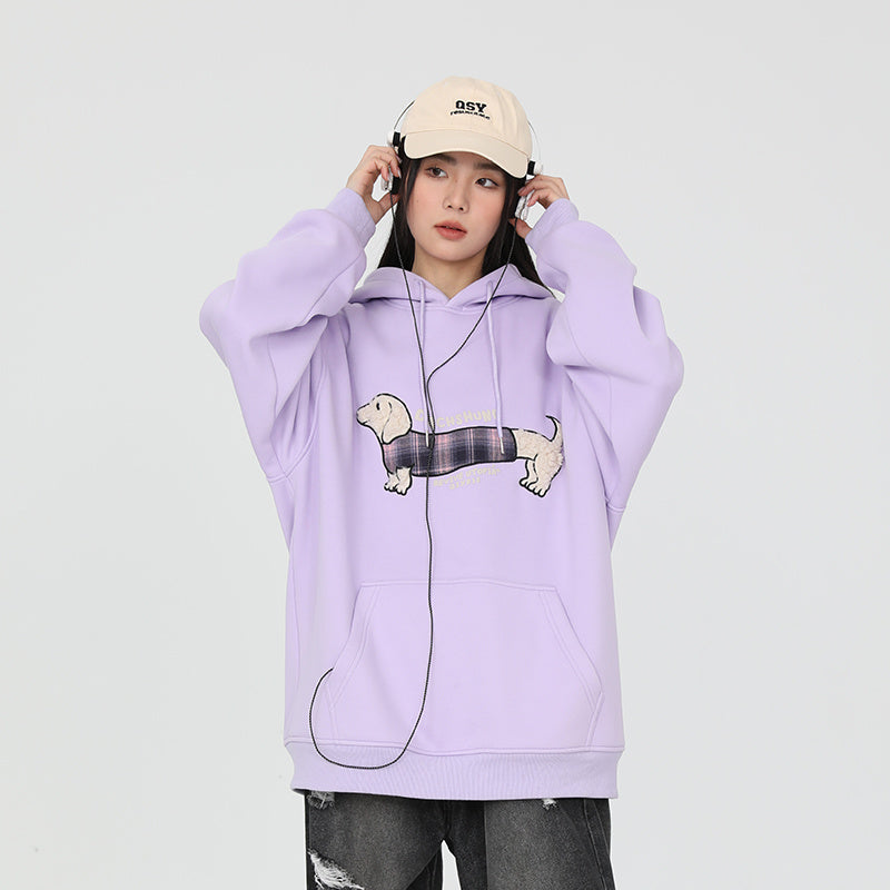 Purple pullover hoodie with sausage dog patch, cozy and stylish