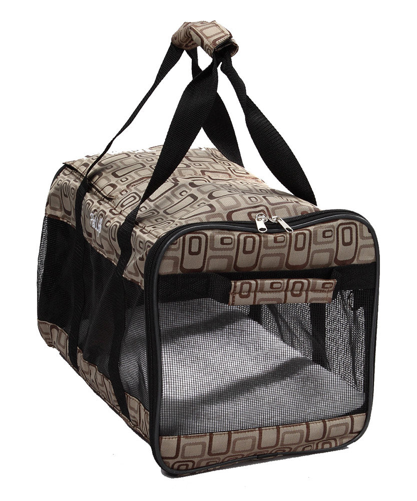 Airline approved designer pet carrier with sherpa cushion and dual-sided entrance