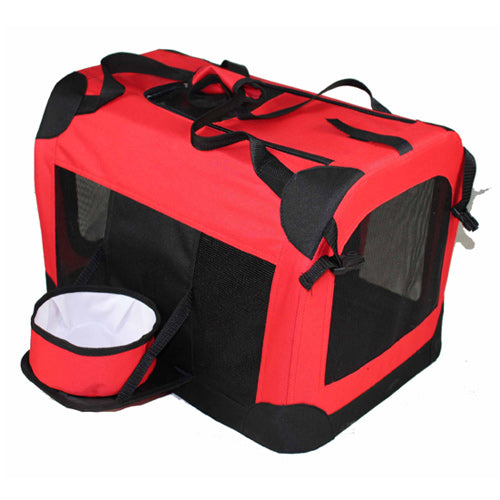 Red foldable dog crate with travel bowl.